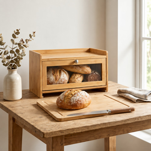 Bamboo bread bin - clear, front