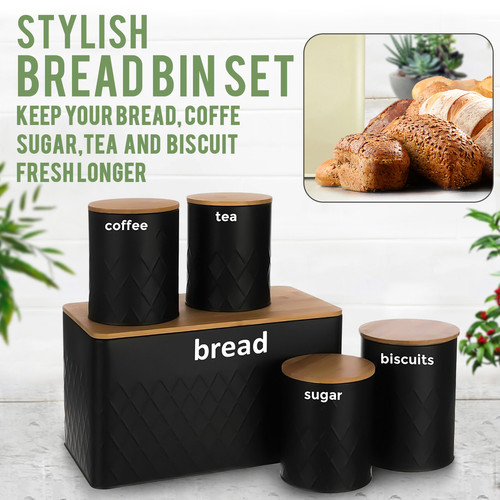 5pc black bread bin canister - black,